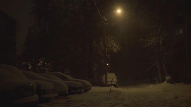 Neve no quintal à noite com uma lanterna — Vídeo de Stock