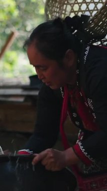 Lahu kabilesinden bir Taylandlı kadın geleneksel kırsal evinin dışında büyük bir kase musluk suyu yıkayarak çay topluyor.