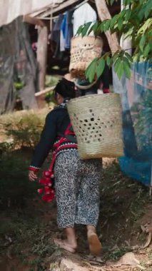 Bir kadın ve bir erkek tepeye doğru yürüyorlar sırtlarında büyük bir sepetle çay yaprakları toplamak için - FullHD Dikey