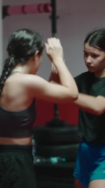 Dövüş sanatları dersi sırasında yumruk ve tekmeye odaklanmış iki atletik kadın - FullHD dikey