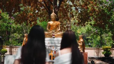 Arkadan iki genç kadın, altın bir Buda heykelinin önünde dua edip meditasyon yapıyorlar.