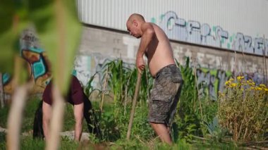 Güneşli bir şehir bahçesinde bahçe kazma ve yabani otlara yardım eden iki adam - 4K Yatay