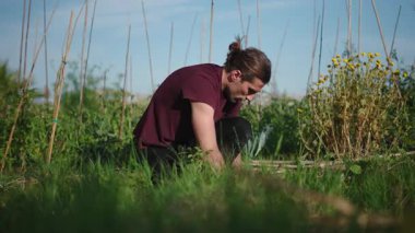Genç, uzun saçlı, beyaz bir adam çimenlerde diz çöküp tohum ekerken başka bir insanla konuşuyor. 4K Yatay.