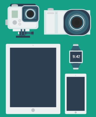 Dizi düz tasarım gadget'lar, elektronik cihazlar, cep telefonu iletişim.