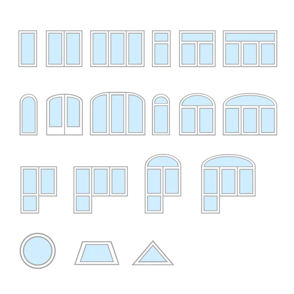 Vektorsammlung verschiedener Fenstertypen. für den Innen- und Außenbereich. flacher Stil. — Stockvektor