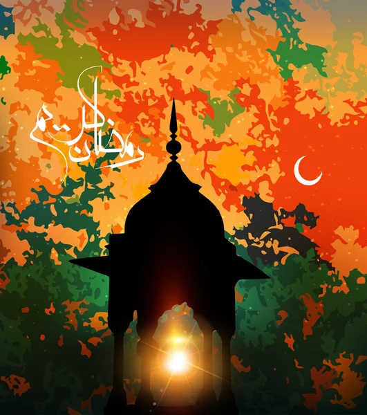 Όμορφη ευχετήρια κάρτα ραμανάνι Καρίμ με αραβική καλλιγραφία που σημαίνει "Ραμαζάνι Καρίμ"-ισλαμικό υπόβαθρο με τζαμιά — Διανυσματικό Αρχείο