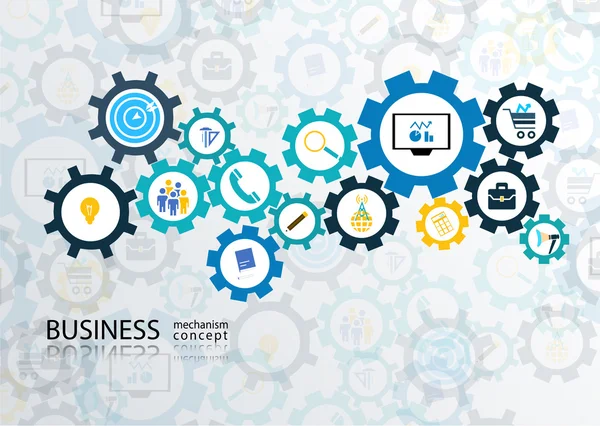 Business mechanism concept. Abstract background with connected gears and icons for strategy, service, analytics, research, seo, digital marketing, communicate concepts. Vector infographic illustration — Stock Vector