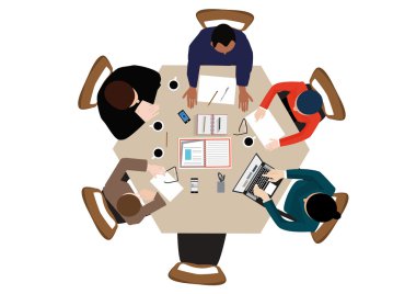 Düz tasarım ofis işçi iş, üstten görünüm vektör çizim içinde Toplantı.