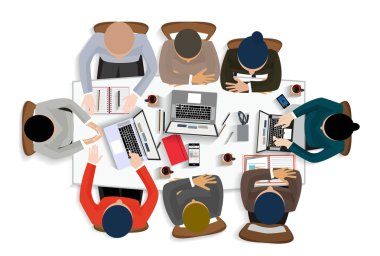 Düz tasarım ofis işçi iş, üstten görünüm vektör çizim içinde Toplantı.