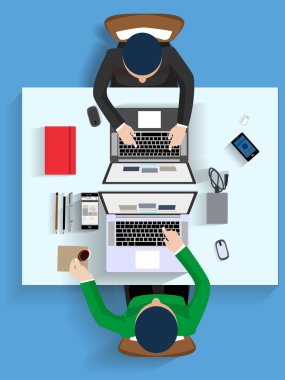 workplace office top view - vector illustration  workers and business man in their workspace
