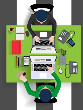 workplace office top view - vector illustration  workers and business man in their workspace