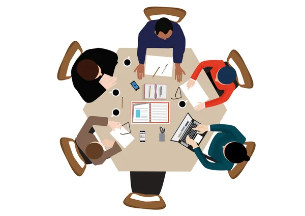 Flat design office workers business Meeting , in top view vector illustration. — Stock Vector