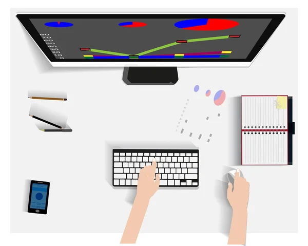 Workplace office top view - vector illustration  workers and business man in their workspace — Διανυσματικό Αρχείο