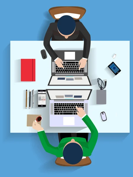 Workplace office top view - vector illustration  workers and business man in their workspace — ストックベクタ