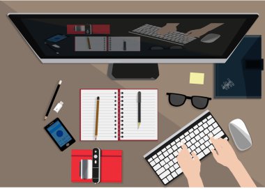 workplace office top view - vector illustration  workers and business man in their workspace