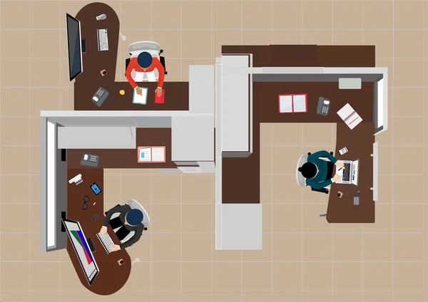 Vista superior de la oficina del lugar de trabajo - ilustración vectorial; trabajadores y hombres y mujeres de negocios en su espacio de trabajo — Vector de stock