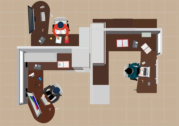 Workplace office top view - vector illustration  ; workers and business man and women in their workspace — ストックベクタ