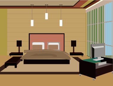 oyma ahşap yatak odası iç gösterimi yatak, - vektör çizim