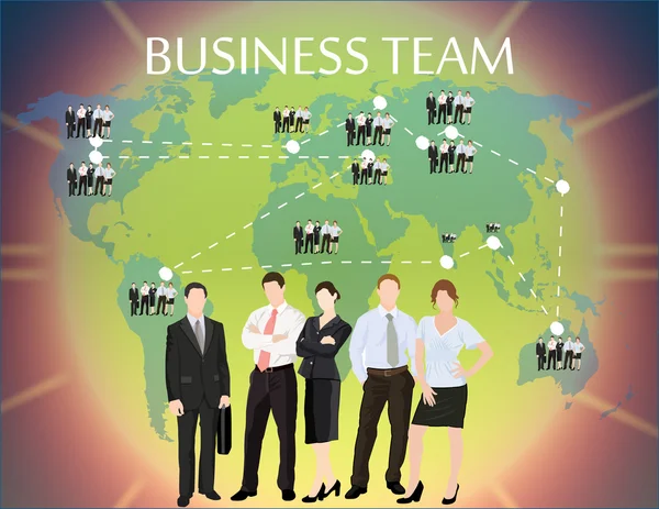 Ομάδα με παγκόσμιο χάρτη - εικονογράφηση φορέας τους ανθρώπους των επιχειρήσεων — Διανυσματικό Αρχείο