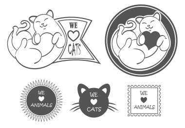 Vektör ayarlayın: şirin evde beslenen hayvan etiketleri kedi, aşk hayvan