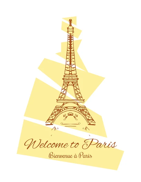 Moda cool card vettore Torre Eiffel disegno con firma benvenuto a Parigi su inglese e francese — Vettoriale Stock