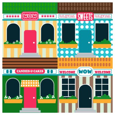 hisse senedi vektör Infographic dükkan ve restoranlar ile farklı imzalar, colofful illüstrasyon