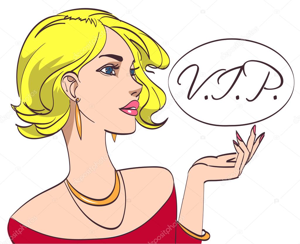 Vettore colorato pop art disegno di blondy bella signora in rosso Vettore colorato pop art disegno di blondy bella signora in rosso con firma Vip su priorit bassa bianca Tutto su strati isolati eps 10 — Vettoriali di