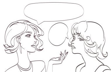 güzel çizilmiş iki kadın lineart konuşuyor. Vektör pop sanat syle. İzole eps 10