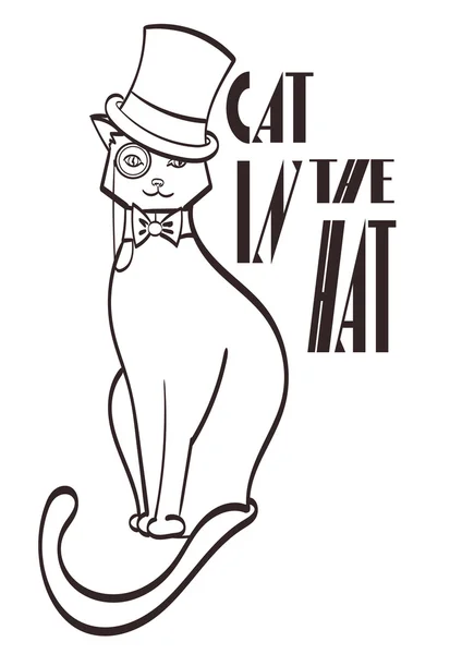 Caballero gato con cilindro y monóculo con firma gato en el sombrero. eps aislado 10 en capas — Vector de stock