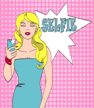 Vektör pop sanat kız selfie yapıyor. Güzel vektör çizim, izole eps 10