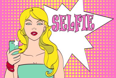 Vektör pop sanat kız selfie yapıyor. Güzel vektör çizim, izole eps 10
