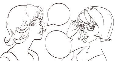 güzel çizilmiş iki kadın lineart konuşuyor. Vektör pop sanat syle. İzole eps 10.