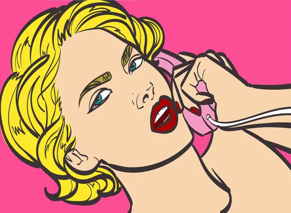 Vector arte colorido de mujer muy hermosa con teléfono, pin up, ilustración de arte pop en formato vectorial. Aislado eps10, más en mi galería . — Vector de stock