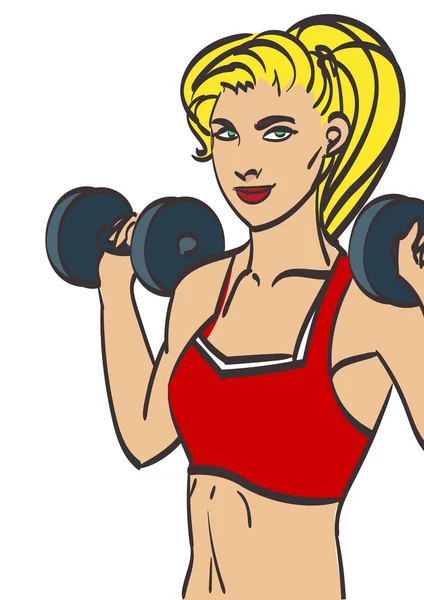 Chica fitness vectorial con mancuernas sobre un fondo blanco. Aislado en capas en mi galería — Vector de stock