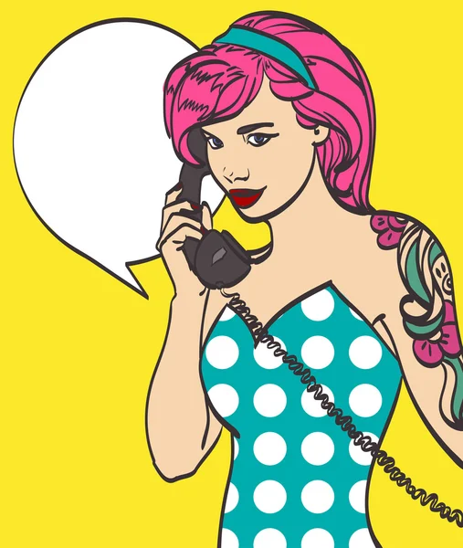 Vector colorful art of very beautiful subculture punk, hipster woman with phone, pin up, pop art illustration in vector format. Isolated eps10, more in my gallery. — Stock Vector