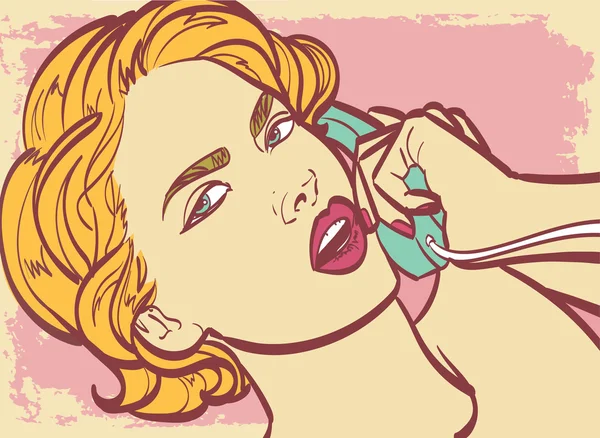 Vector colorido arte vintage de mujer muy hermosa con teléfono, pin up, ilustración de arte pop en formato vectorial. Aislado eps10, más en mi galería . — Vector de stock