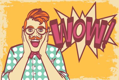 Onun yüzünde sürpriz ifade ile izole erkek. Hipster wow yüz çizim