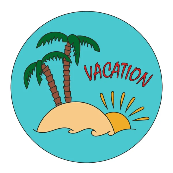 Isla tropical con palmeras y olas, ilustración colorida — Vector de stock