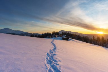 Ukrayna Karpat Dağları 'ndaki bir sıradağda sert bir kış. Konforlu evleri ve Hoverla ve Petros' un zirvelerinin muhteşem manzarası var.