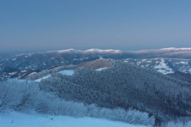 Ukrayna Karpatlar 'ında, turistlerle dolu karlı bir kış.