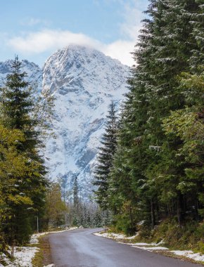 Sonbahar ağaçları ve karla kaplı yüksek dağlarla dolu bir yol.