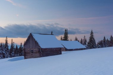 Ukrayna Karpatları ve pitoresk dağ evlerinde karlı kış