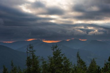 Gorgany 'de dramatik bir gökyüzü olan Ukrayna Karpatlarının güzel yaz manzaraları