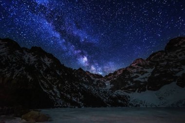 Yüksek Tatras dağlarının arka planında Samanyolu olan parlak yıldızlı gökyüzü