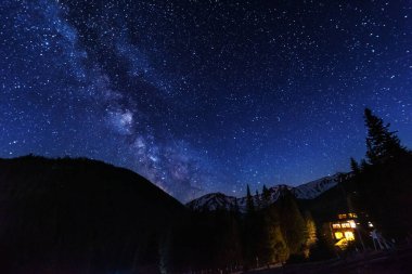 Yüksek Tatras dağlarının arka planında Samanyolu olan parlak yıldızlı gökyüzü
