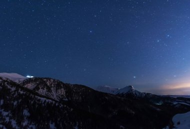 Yüksek Tatras dağlarının arka planında Samanyolu olan parlak yıldızlı gökyüzü