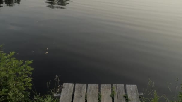 POV výstřel pohled na klidné vodní hladiny jezera nebo řeky z dřevěného mola přírodní scenérie — Stock video