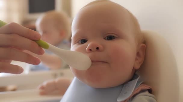 Крупный план милого маленького ребенка в фартуке, поедающего пищу заботливая мать рука кормит двух Близнецов — стоковое видео
