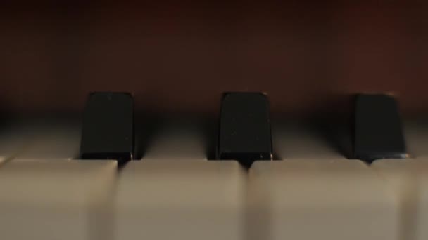 Κοντινό μαύρο και άσπρο πιάνο κλειδιά του κλασικού μουσικού οργάνου για την εκτέλεση μελωδία μουσική — Αρχείο Βίντεο