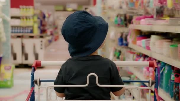 坐在购物车上戴着夏帽的可爱的学步男孩 — 图库视频影像
